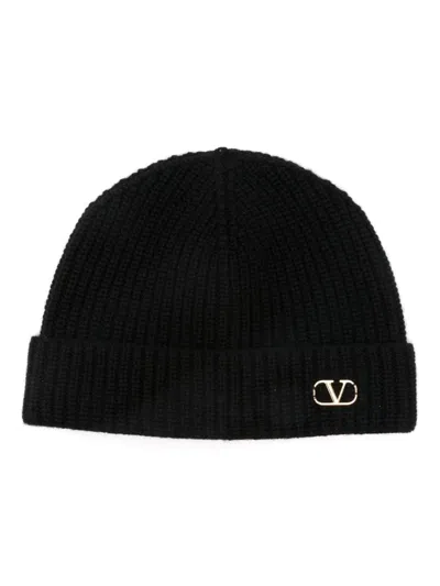 Valentino Garavani Cashmere Ribbed Texture Beanie With Turn-up Brim In Black