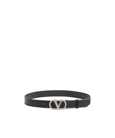 VALENTINO GARAVANI VLOGO SIGNATURE BELT IN SHINY CALFSKIN WITH CRYSTALS 30 MM