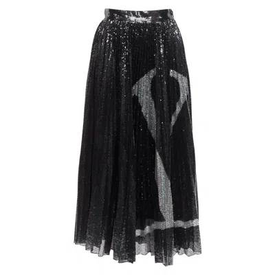 Pre-owned Valentino Vlogo Black Silver Sequins Embellished Pleated Plisse Midi Skirt Xs
