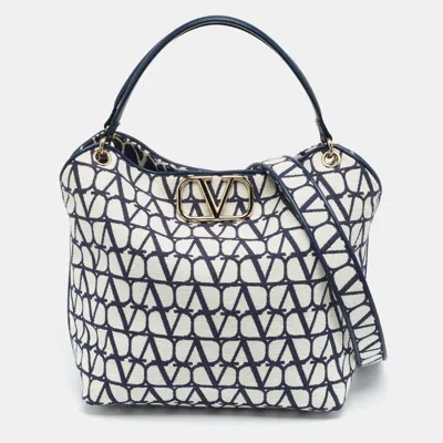 Pre-owned Valentino Garavani Vlogo Blue/white Iconograph Fabric Tote
