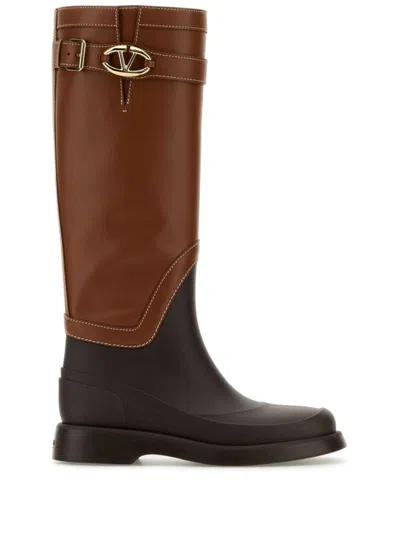 Valentino Garavani Two-tone Leather And Rubber Vlogo Bold Boots In Brown