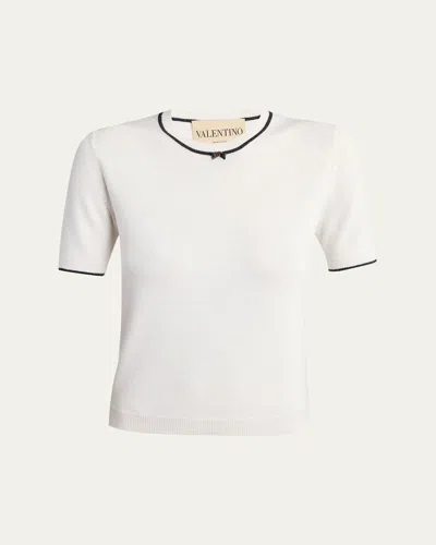 Valentino V-logo Bow Short-sleeve Wool Sweater In White