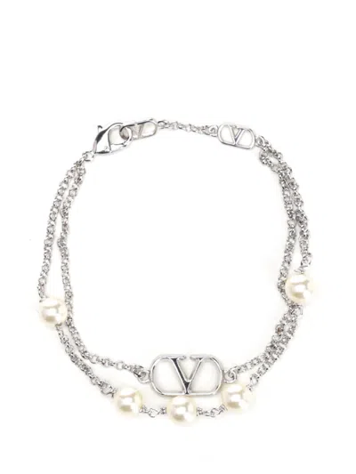 Valentino Garavani Vlogo Bracelet In Metal And Swarovski® Pearls In Metallic