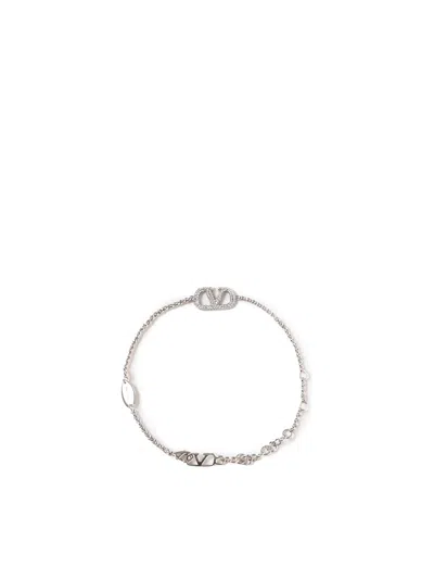 Valentino Garavani Vlogo Bracelet With Soft Chain And Crystals In Palladium, Crystal