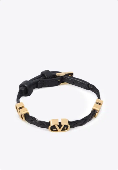 Valentino Garavani Vlogo Braided Leather Bracelet In Black