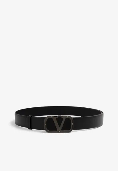 Valentino Garavani Vlogo Buckle Leather Belt In Black
