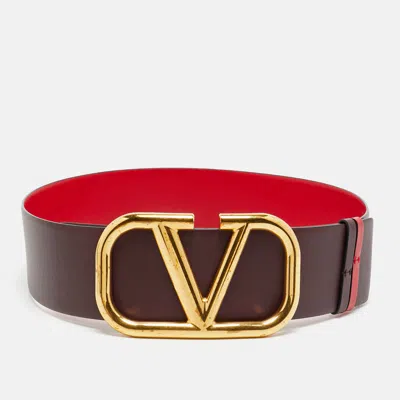 Pre-owned Valentino Garavani V-logo Buckle Wide Belt Burgundy/red Reversible Leather