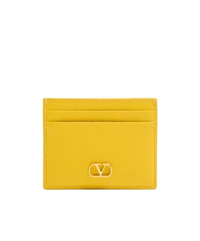 Valentino Garavani Slim Leather Card Holder With Compact Design In Yellow