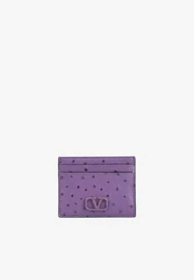 Valentino Garavani Vlogo Cardholder In Ostrich Leather In Purple