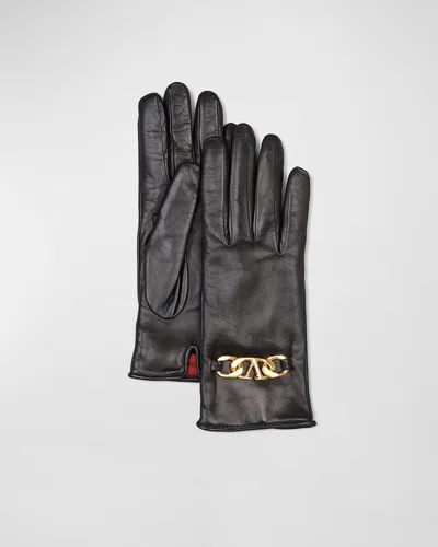 Valentino Garavani Vlogo Cashmere-lined Chain-embellished Leather Gloves In Black
