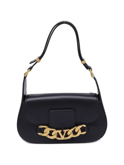 Pre-owned Valentino Garavani Vlogo-chain Leather Shoulder Bag In Black