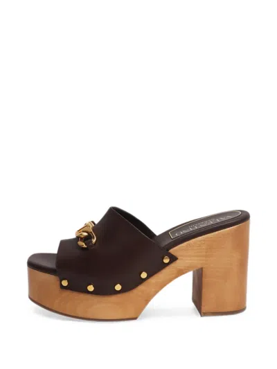 Pre-owned Valentino Garavani Vlogo Chain Platform Mules In Brown