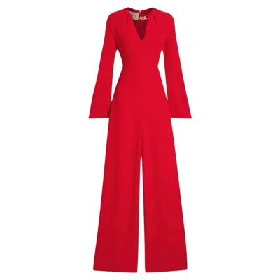 Pre-owned Valentino Vlogo Chain-embellished Red Silk-crepe Wide-leg Jumpsuit � �20s