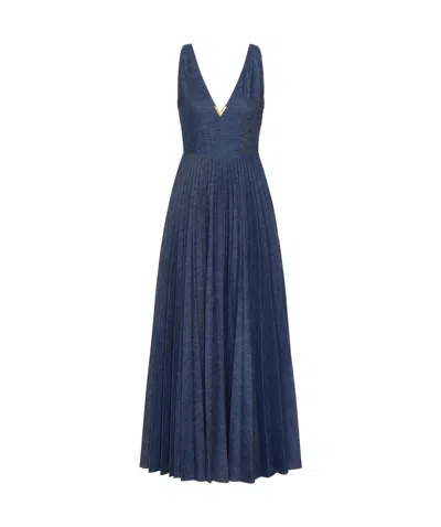 Valentino Vlogo Chambray Pleated Maxi Dress In Blue