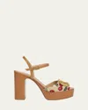 Valentino Cherry-embroidered Raffia Platform Sandals In Brown