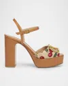 Valentino Cherry-embroidered Raffia Platform Sandals In Brown