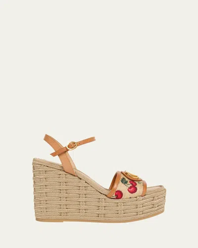 Valentino Garavani Vlogo Cherry Jacquard Raffia-wedge Espadrilles In Brown