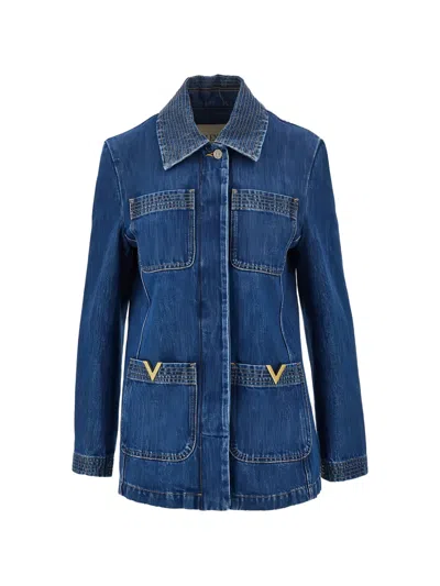 Valentino Vlogo Contrast-stitch Denim Jacket In Blue