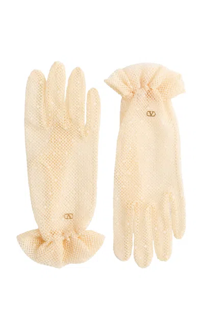 Valentino Garavani Embellished Cotton-blend Fishnet Gloves In Cream