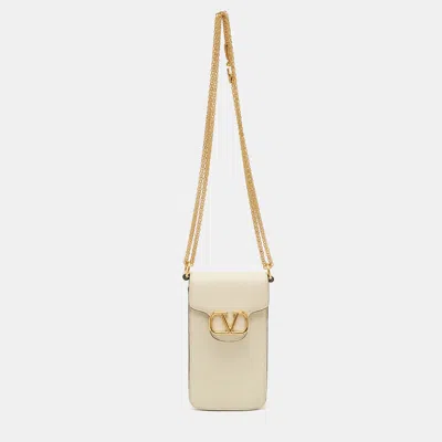 Pre-owned Valentino Garavani Vlogo Cream Leather Phone Case Crossbody Bag In White