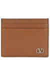 Valentino Garavani Brown Card Holder With Metallic Vlogo On The Front In Black Hammered Leather Man In Brown