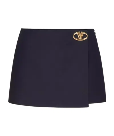 Valentino Embellished Wrap-effect Wool And Silk-blend Mini Skirt In Navy