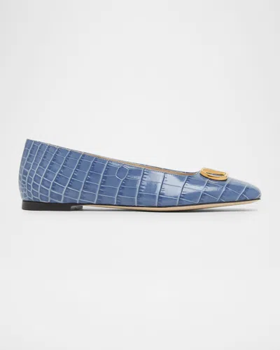 Valentino Garavani Vlogo Croc-embossed Leather Ballerina Flats In Blue