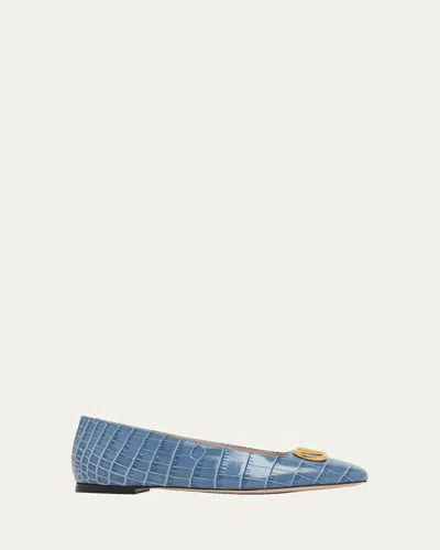 Valentino Garavani Vlogo Signature Croc-print Leather Ballet Flats In Blue