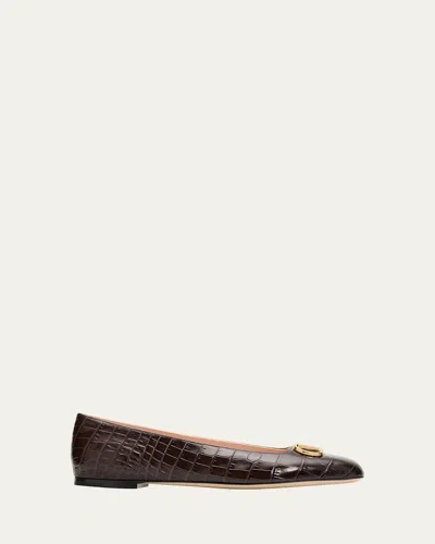 Valentino Garavani Vlogo Croc-embossed Leather Ballerina Flats In Brown