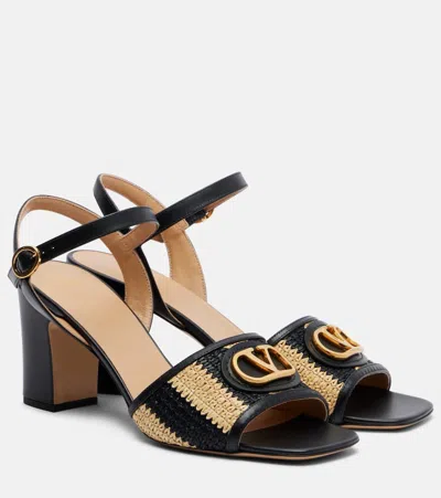 Valentino Garavani Vlogo Signature 75 Embellished Leather-trimmed Striped Raffia Sandals In Black