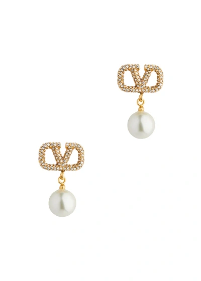 Valentino Garavani Vlogo Crystal And Pearl-embellished Drop Earrings In Gold