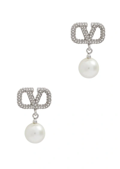 Valentino Garavani Vlogo Crystal And Pearl-embellished Drop Earrings In Metallic