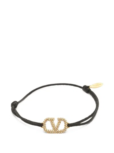 Pre-owned Valentino Garavani Vlogo Crystal Cord Bracelet In Black