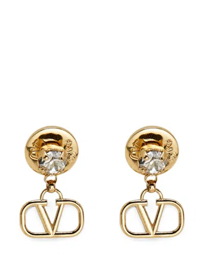 Pre-owned Valentino Garavani Vlogo Crystal Earrings In Gold