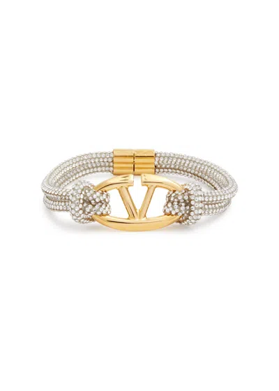 Valentino Garavani Vlogo Crystal-embellished Cord Bracelet In Silver