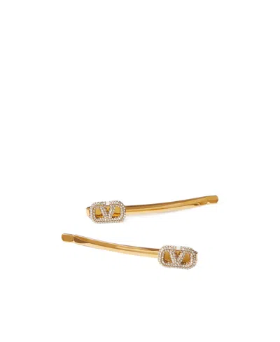 Valentino Garavani Vlogo Crystal-embellished Hair Clips In Gold