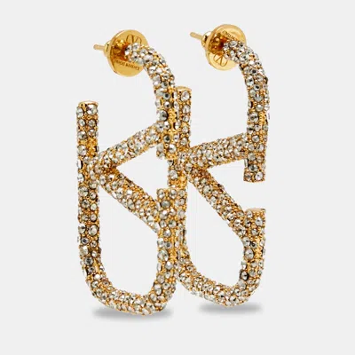 Pre-owned Valentino Garavani Vlogo Crystals Gold Tone Earrings