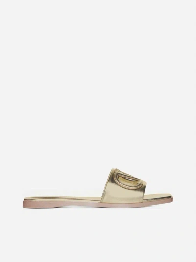 Valentino Garavani Gold Vlogo Cutout Laminated Nappa Leather Sandals In Platinum Antique Brass