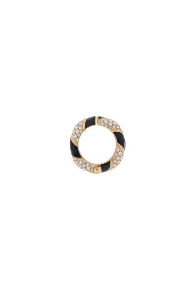 Valentino Garavani Womens Oro/nero/crystal Pas Plus Mono Gold-plated Brass, Enamel And Swarovski-crystal Single Hoop Ea In Multi