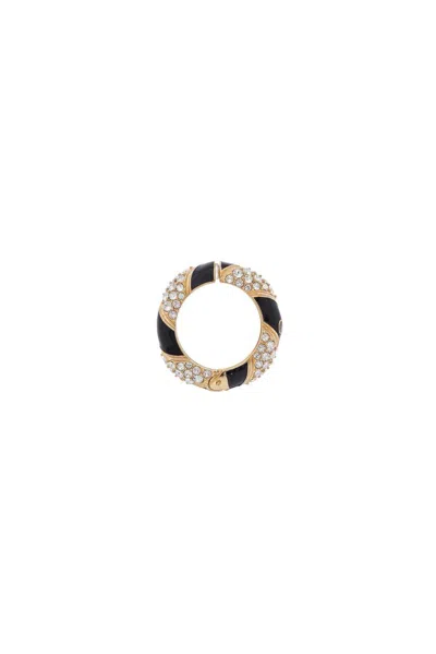 Valentino Garavani Womens Oro/nero/crystal Pas Plus Mono Gold-plated Brass, Enamel And Swarovski-crystal Single Hoop Ea In Multi