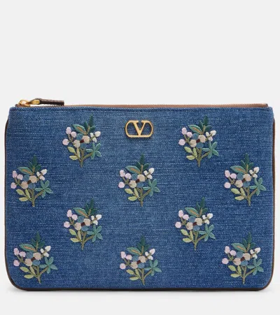 Valentino Garavani Vlogo Embroidered Denim Pouch In Blue