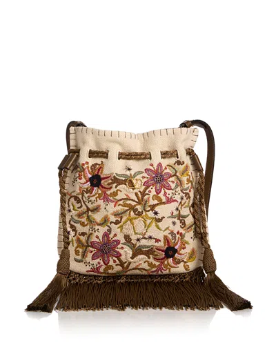 Valentino Garavani Vlogo Embroidered Fringe Drawstring Shoulder Bag In Brown