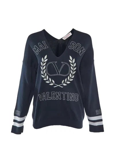 Pre-owned Valentino Vlogo Embroidered Sweater In Blue