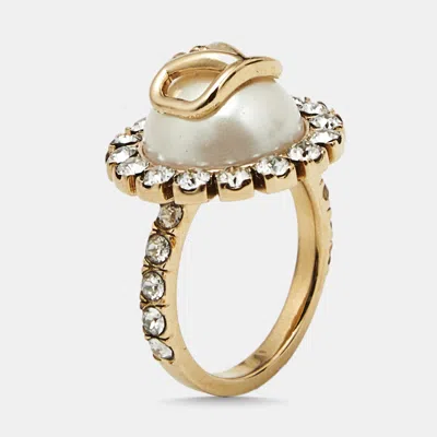 Pre-owned Valentino Garavani Vlogo Faux Pearl Crystals Gold Tone Ring Size 51