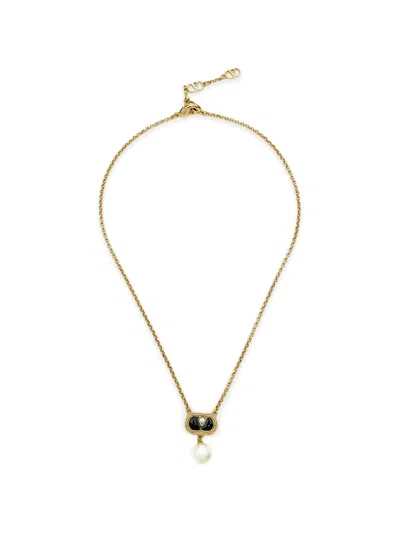 Pre-owned Valentino Garavani Vlogo Faux-pearl Necklace In Gold