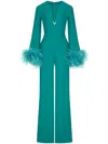 Valentino Silk Feather-trim Jumpsuit In Green