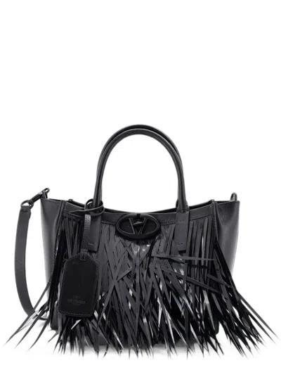 Pre-owned Valentino Garavani Vlogo Fringe Leather With Sequins Small Tote Bag In Black