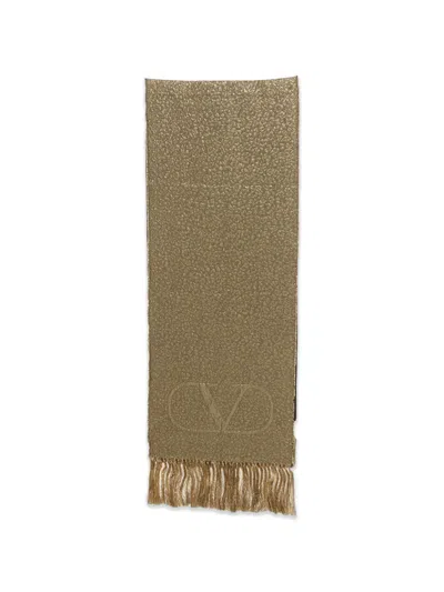 Pre-owned Valentino Vlogo Fringed Wool Scarf In Gold