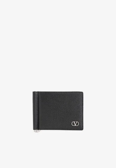 Valentino Garavani Vlogo Grained Leather Money Clip Bi-fold Wallet In Black