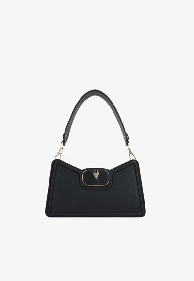 Valentino Garavani Vlogo Grained Leather Shoulder Bag In Black